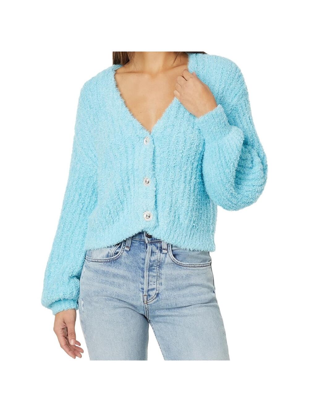 Show Me Your Mumu Clemmie Cardigan L Blue Jewel Fuzzy Cropped Dopamine Dressing